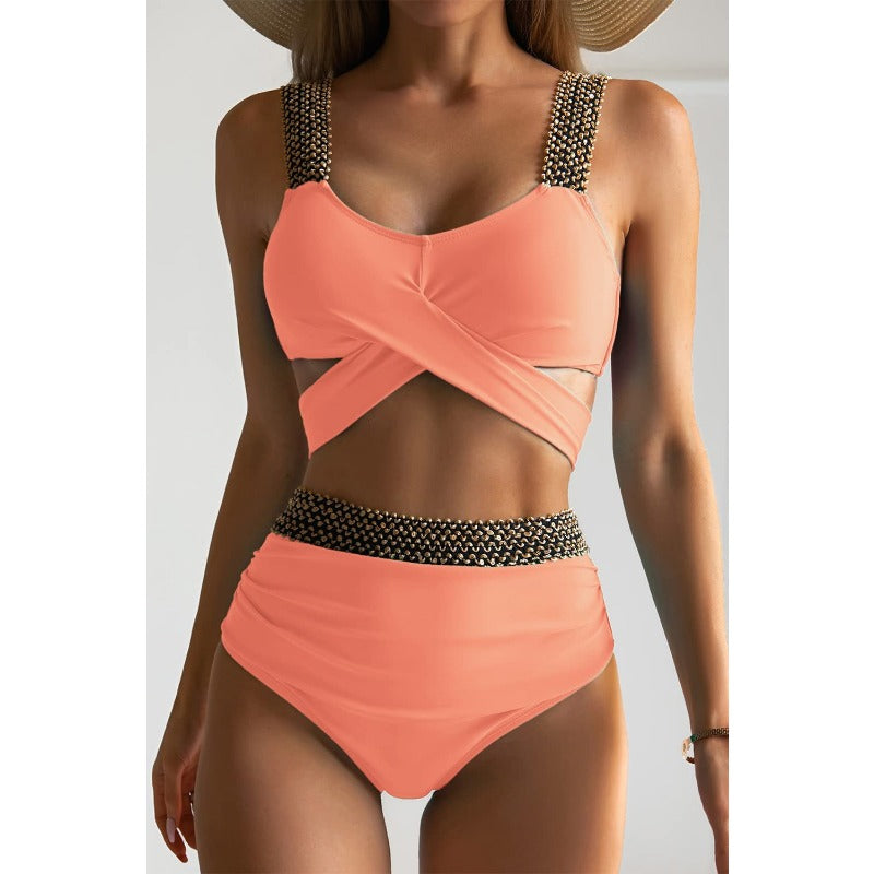 Wholesale Polyester Cross High Waisted Swimsuits with Belly Covering and Gold Wire Elastic Band Swimsuits